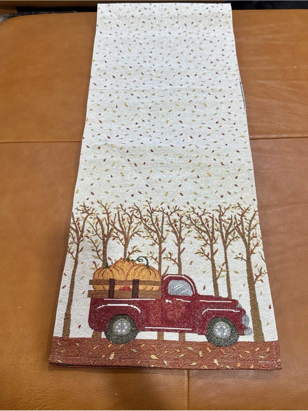 Fall Harvest Table Runner Red Pickup Truck Pumpkins Autumn Leaves 68” Long